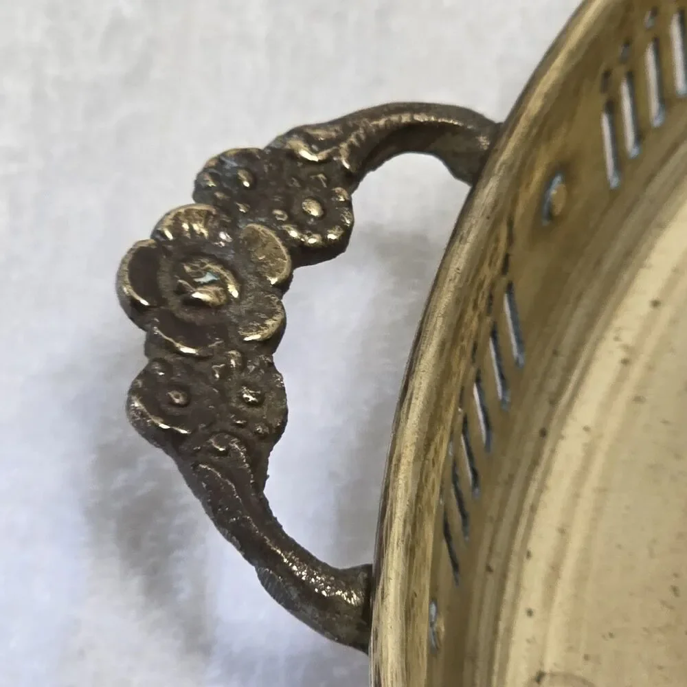 Vintage Brass Platter Serving Tray 12” W/ Ornate Flower Handles Made in India